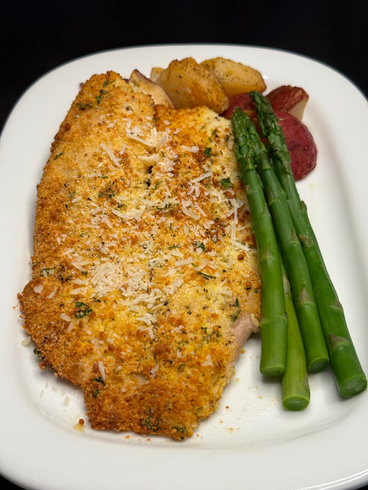 Parmesan-crusted Lemon Pepper Tilapia with Roasted Red Potatoes and Steamed Asparagus