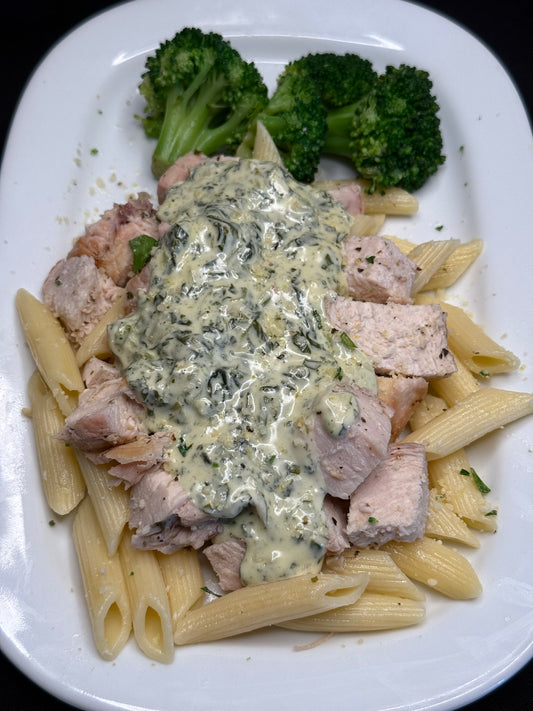 Chicken Florentine over Penne with Steamed Broccoli