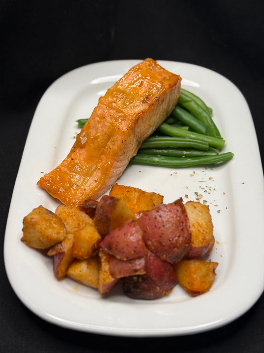 Brown Sugar Dijon Glazed Salmon with Roasted Red Potatoes and Steamed Green Beans