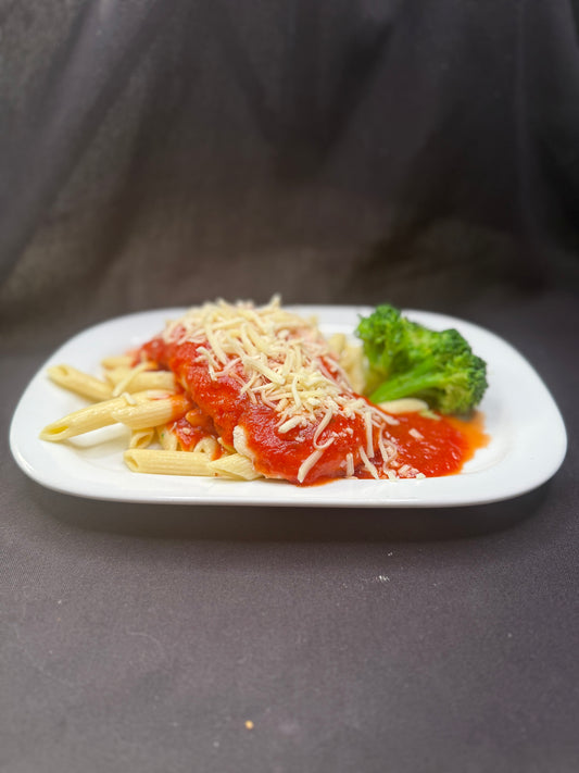 Grilled Chicken Parmesan over Penne with Steamed Broccoli