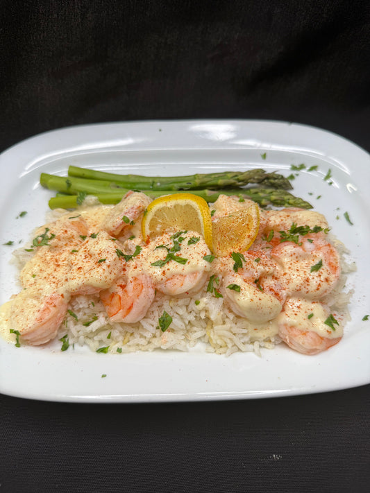 Creamy Garlic Shrimp over Rice w/ Asparagus