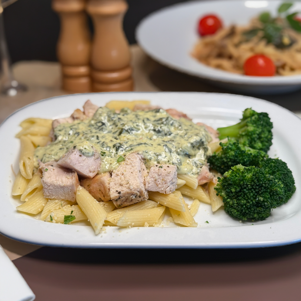 grilled chicken on pasta with broccoli