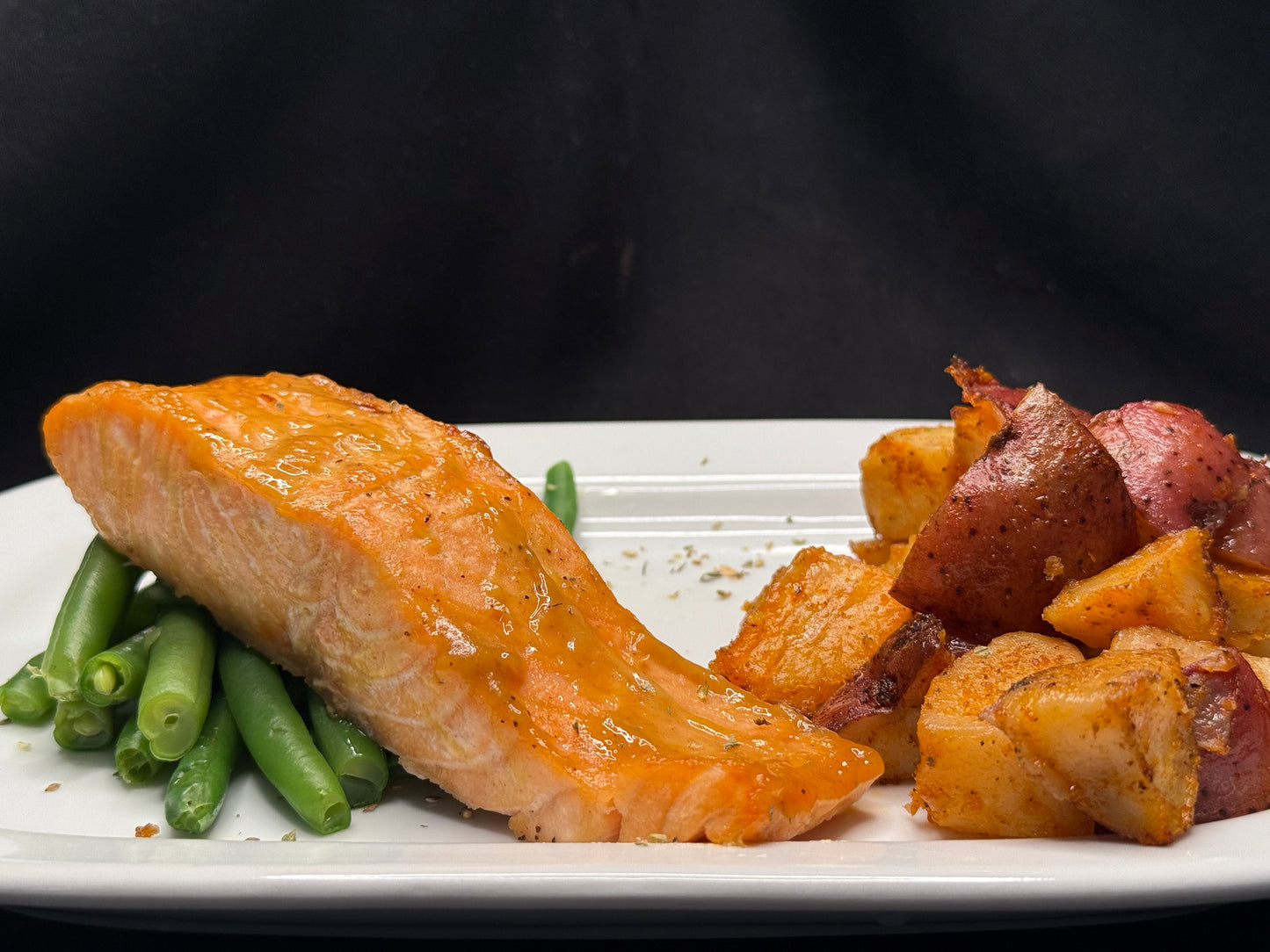Brown Sugar Dijon Glazed Salmon with Roasted Red Potatoes and Steamed Green Beans