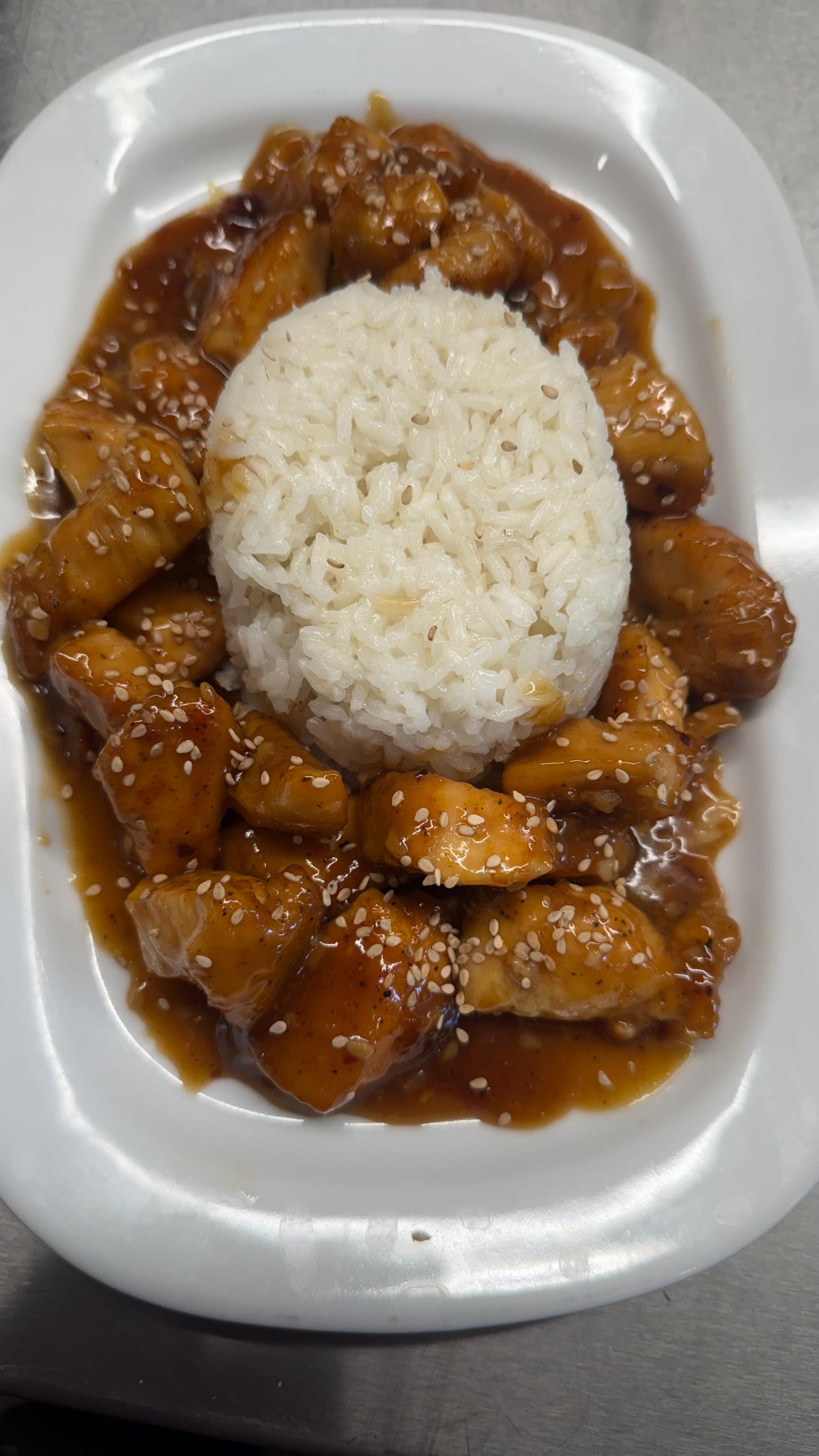 Orange Chicken with Rice and Steamed Broccoli