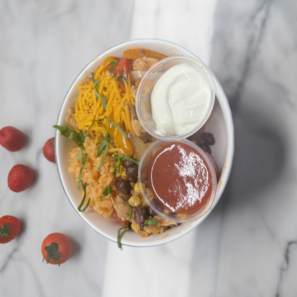 Chicken Burrito Bowl over Mexican Rice