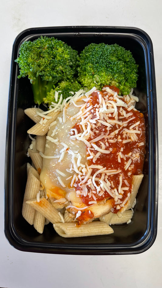 Grilled Chicken Parmesan over Whole Wheat Penne w/ Broccoli