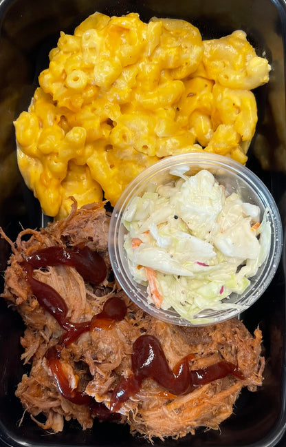 BBQ Pulled Pork with Mac 'n Cheese and Coleslaw