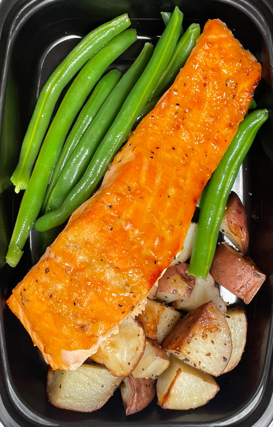 Brown Sugar Dijon Glazed Salmon with Roasted Red Potatoes and Steamed Green Beans