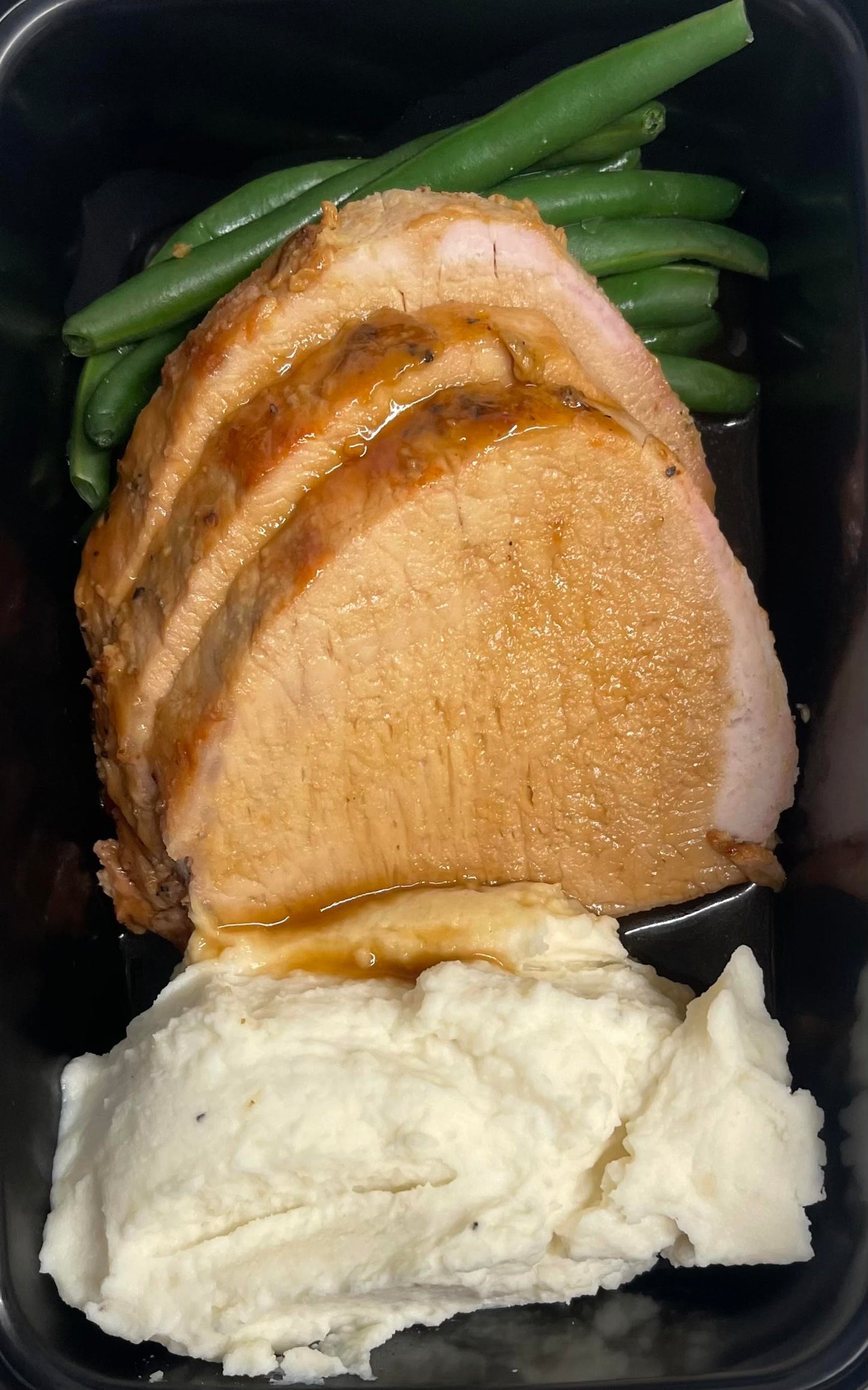 Brown Sugar and Dijon-glazed Pork Loin with Mashed Potatoes and Steamed Green Beans