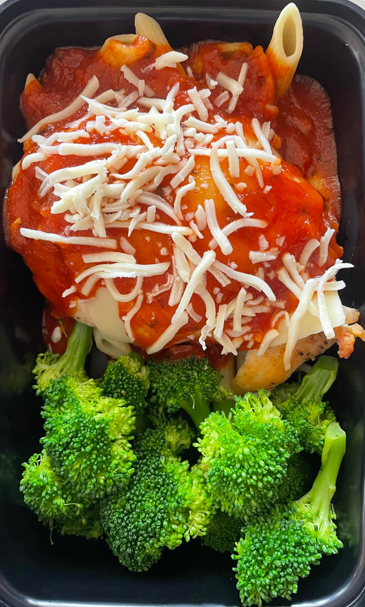 Grilled Chicken Parmesan over Penne with Steamed Broccoli