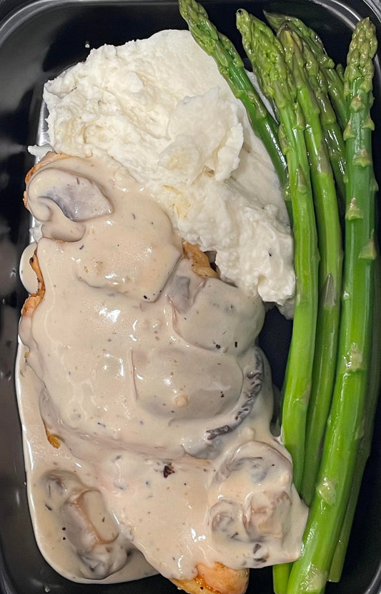 Creamy Mushroom Chicken with Mashed Potatoes and Steamed Asparagus