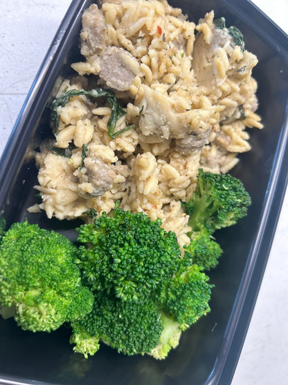 Creamy Chicken Sausage Orzo with Steamed Broccoli