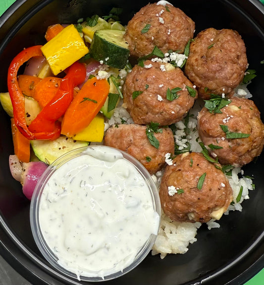 Greek Turkey Meatball with Tzatziki Sauce over Rice with Roasted Vegetables