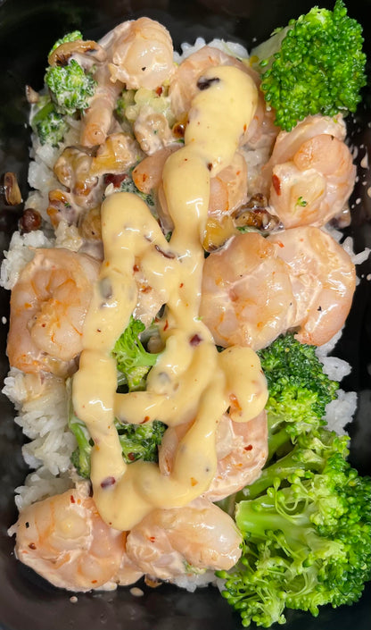 Honey Walnut Shrimp over Rice with Steamed Broccoli