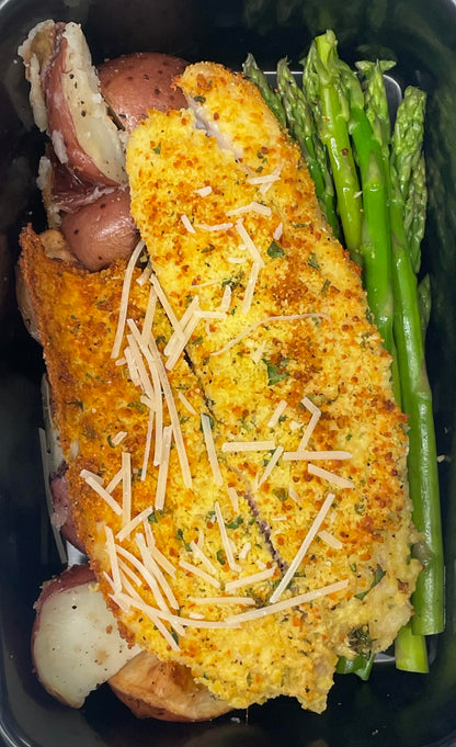 Parmesan-crusted Lemon Pepper Tilapia with Roasted Red Potatoes and Steamed Asparagus