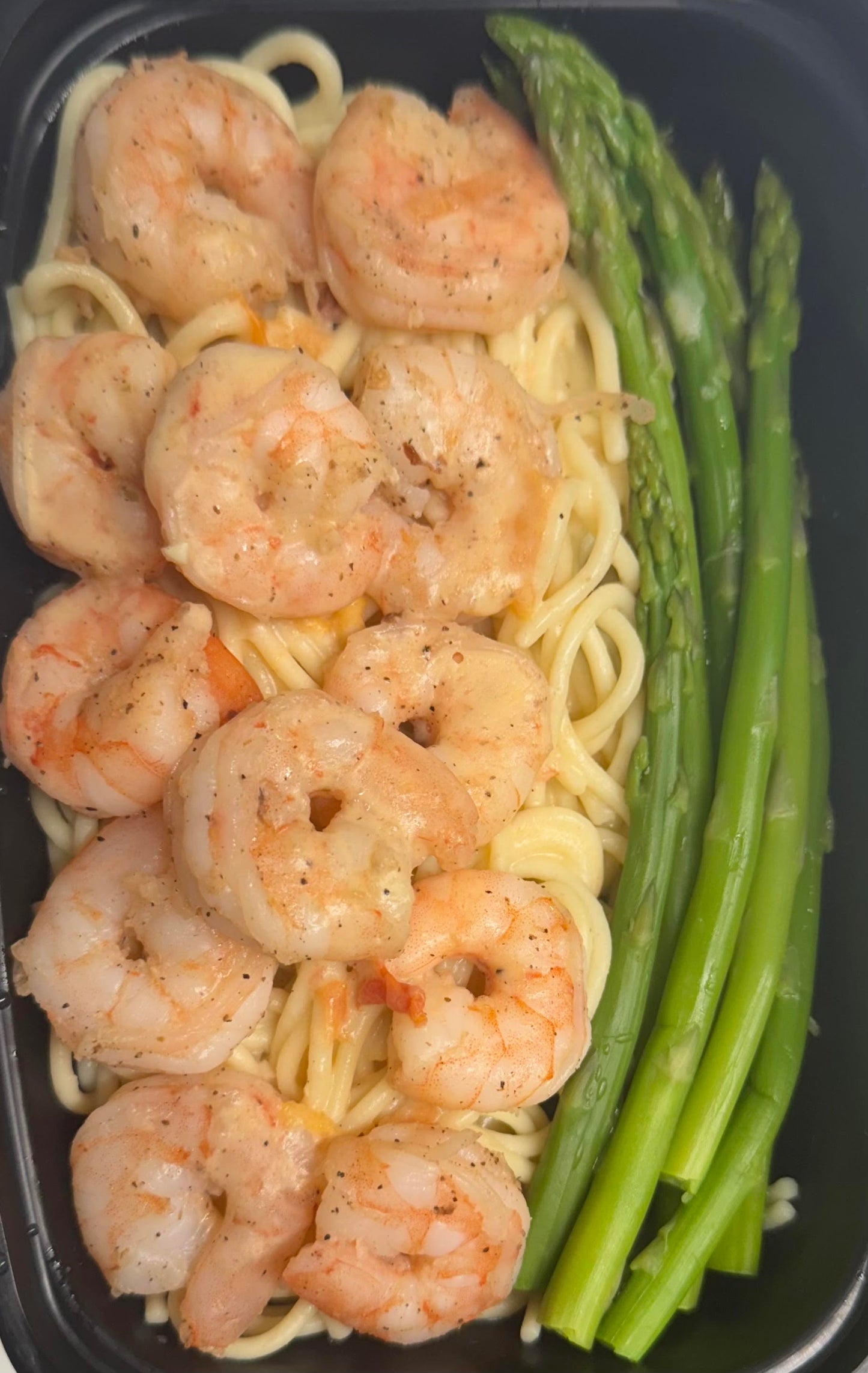 Shrimp Scampi over Noodles with Steamed Asparagus