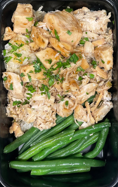 Sticky Lemon Pepper Chicken over Rice w/ Green Beans