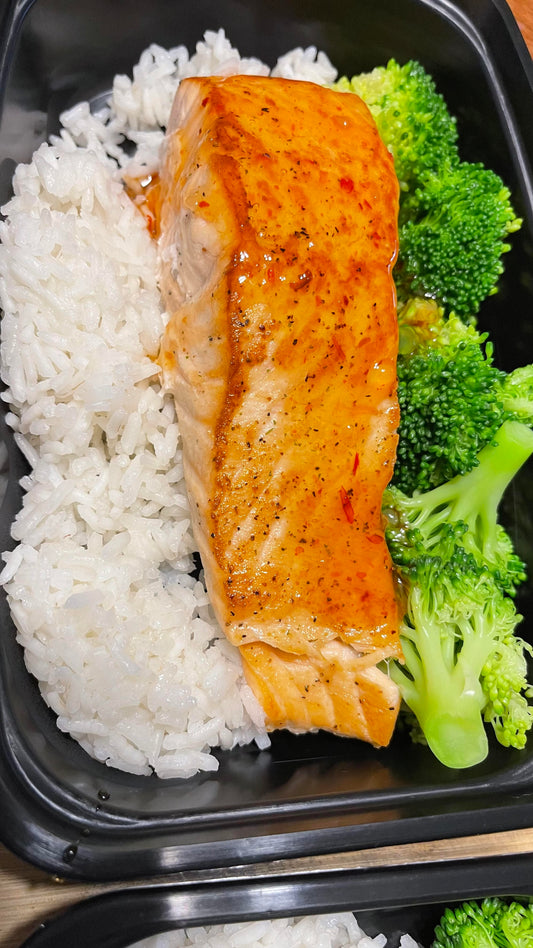 Sweet Chili Salmon with Steamed Broccoli over Rice